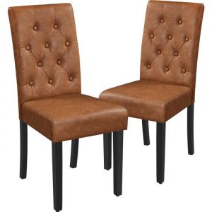 Lot de 2 Chaises de Salle à Manger Haut Dossier-Capitonné et RembourréPieds Chêne Massif-Brun Rustique-45.5×60.5×98 cm - YAHEETECH