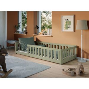 Lit au sol enfant 90x200 cm - Matelas INCLUS - Avec sommier + barri&egrave;re de lit - Lit Montessori enfant - Pin massif - Vert Olive