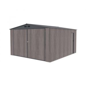 Garage M&eacute;tallique Gardiun Surrey 1596 m2 380x420x232 cm 1 Voiture  Double Porte Pliante Porte Lat&eacute;rale et A&eacute;rations  Effet bois