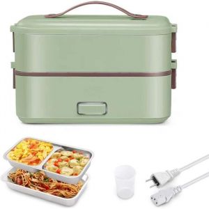 Bento Lunch Box Chauffante Electrique 220V 300W 0.8L Bo&icirc;te Repas 2 Couches CompartimentPTC Chauffe Plat Electrique Vert