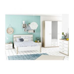 Chambre complète 140x190 Blanc/Chêne - STAYA - Blanc - Bois - Lit : L 148 x l 207 x H 98 cm - Armoire : L 128 x l 55 x H 210 cm - C