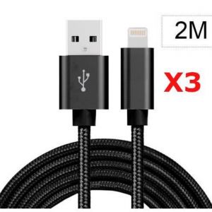 X3 Cable Metal Nylon Renforce Chargeur USB Couleur Noir pour IPhone Longueur 2m Tréssé Compatible IPhone 6/6S/7/8/X/Xr/11/12 X3