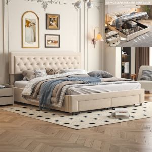 Lit 160x200 cm avec 2 tiroir lit coffre 160x200 cm avec sommier à lattes lit adulte 160x200 cm tissu en velours lit Queen beige