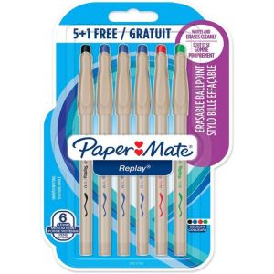 Paper Mate Replay stylo bille effa&ccedil;able - pointe moyenne (10 mm) - couleurs assorties - lot de 6