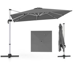 COSTWAY Parasol Déporté Carré de 3m avec Base en Croix Poteau en Aluminium Rotatif à 360° Manivelle Inclinable 8 Baleines Gris
