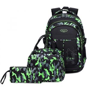 Sac a Dos Garcon Cartable Camouflage Sets de Sacs Scolaires 3 en 1 Grande capacité Sac d Ecole École Intermédiaire Ecole Noir Vert