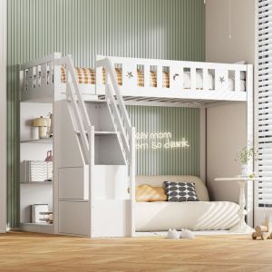 Lit mezzanine - 90x200 cm avec &eacute;chelle de rangement et &eacute;tag&egrave;res - lit simple en bois - cadre en bois massif - blanc