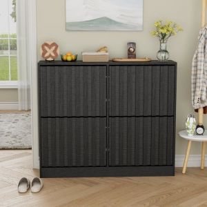 GOOBUY Armoire &agrave; Chaussures avec 4 Abattants Meuble &agrave; Chaussures Inclinable &Eacute;tag&egrave;re R&eacute;glables et Amovibles 100x24x865cm Noir