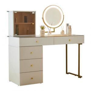Coiffeuse Avec Miroir LED Table de MaquillageMeuble chambre femelle plateau en verre tremp&eacute; transparent L120 x P45 x H115 cm