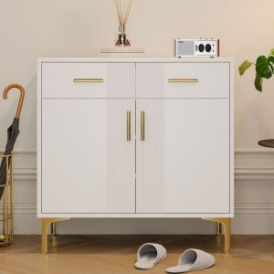 Buffet moderne avec 2 portes 2 tiroirs - Pieds en métal - Buffet bahut pour saloncouloir ou salle à manger - 80x35x79.5 cm - Blanc