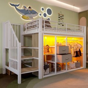 Lit Mezzanine Enfant 90x200cmLit mi Hauteur avec Armoire Ouverte2 Tiroirs + Plusieurs Compartiments Rangement&eacute;clairage LEDBlanc