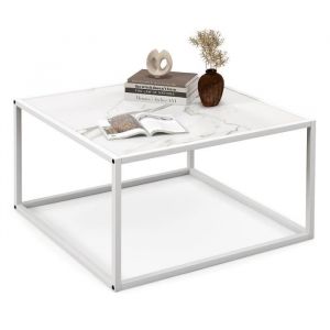 COSTWAY Table Basse Carrée Moderne 70 x 70 x 40 CM avec Dessus de Table en Faux Marbre Structure en Acier Blanc