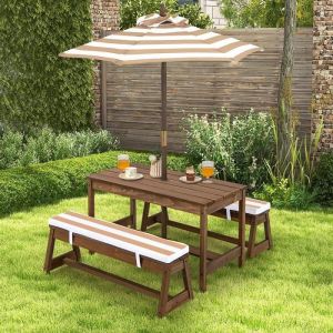 GIANTEX Ensemble Table de Jardin et 2 Bancs Enfant en Bois avec Parasol Amovible /RéglableTable Pique-Nique en ExtérieurBrun+Café