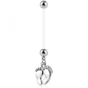 Piercing Nombril Grossesse Pieds B&eacute;b&eacute; Maternit&eacute; Longue Barre Acrylique Pregnancy Bioflex PAWLINA Gris Argent&eacute; LOVEPIERCING