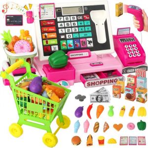 Caisse Enregistreuse Jouet Enfant Calculatrice R&eacute;elle & Scanner - Jeu de R&ocirc;le Supermarch&eacute; avec Caddie et Argent - Cadeau &Eacute;ducatif
