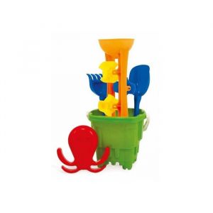 Seau Chateau Fort 22cm + Moulin a eau sable 35cm + Moule + Pelle + Rateau - Coloris aleatoire - Set plage enfant