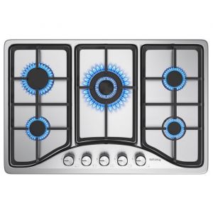 IsEasy Plaque Gaz 5 Feux Inox Plaque de Cuisson Gaz 5 feux Encastrable Table Gaz 5 foyer Gaz Ville et Bouteille L76 x P50 cm