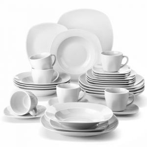 MALACASA Assiette S&eacute;rie ELISA 30pcs Service Complet de Table Porcelaine la vaisselle plus l&eacute;g&egrave;re et plus abordable - Blanc