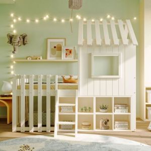 Lit mezzanine enfant 90x200cm Lit mi-hauteur Lit cabane en bois avec toit fenêtre rangement et sommiers à lattes - blanc