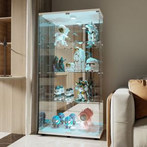 Vitrine en Verre avec LED et Serrure Verre Tremp&eacute; Miroir 2 Portes 4 Etag&egrave;res Vitrine Armoire Collection en Blanc