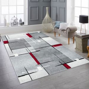 Tapis moderne au design g&eacute;om&eacute;trique en gris blanc et rouge - tapis de salon Gr&ouml;&szlig;e - 140 x 200 cm
