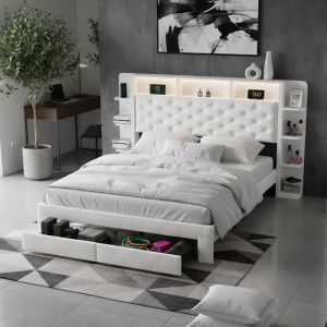 Lit capitonn&eacute; 160x200cm 2 places avec 2 tiroirs lit adulte avec LED USB t&ecirc;te de lit avec &eacute;tag&egrave;res de rangement - beige