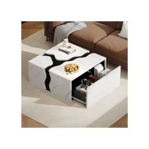 Table basse 70 x 70 cm cube g&eacute;om&eacute;trique pour salon plateau effet marbre 1 tiroir panneau de particules blanc
