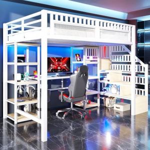 JTY Lit Mezzanine 140x200 cm - Lit Ado Double avec Bureau Escalier Rangement et LED - M&eacute;tal et MDF - Blanc LIT MEZZANINE