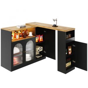 Table de bar rotative &agrave; 360&deg; armoire noire mate avec bureau en grain de bois avec porte Darmoire en verre et lumi&egrave;re LED buffet