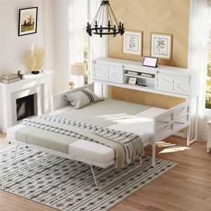 Lit Banquette 90×200 cm Canapé-Lit Extensible avec Rangement et Prise Lit une Place pour Adolescent Fauteuil Lit 1 Place Blanc