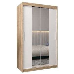 Armoire &agrave; 2 Portes Coulissantes  avec Miroir Tringle et &Eacute;tag&egrave;res - ABIKSMEBLE Tokyo 1 120 - 120x200x62 cm Sonoma et Blanc Mat