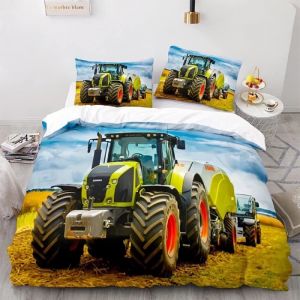 Housse de Couette Tracteur Parure de Lit 3D HD Impression Engins de Chantier Camions Pelleteuses Grues Literie 200x200cm[768]