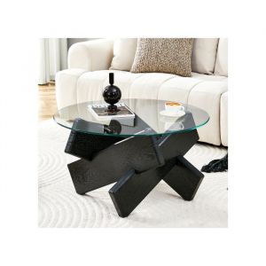 Table basse ronde en MDF + verre multicolore en option : pieds de support en grain de bois noir simple et &eacute;l&eacute;gant. Diam&egrave;tre 79 cm