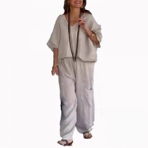 Ensemble 2 pièces décontracté en coton et lin pour femme ECELEN - Col en V - Gris clair
