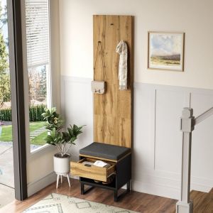 Meuble d&rsquo;entr&eacute;e Complet avec Banc et Coussin - Vestiaire avec Tiroir et Crochets Muraux - MDF - Naturel Noir et Gris - 210x38x50