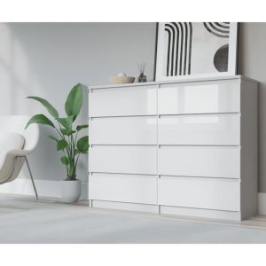 3xEliving Commode élégante et spacieuse DEMI 8 tiroirs 140 cm, blanc/ blanc brillant, parfaite pour le salon, le bureau, la chambre