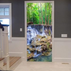 Sticker Porte Autocollant Poster de Porte 3D Forêt Arbres Montagne Cascade Nature Peint Art Décor 77 x 200 cm