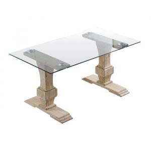 Table &agrave; manger rectangulaire en verre tremp&eacute; avec pieds en bois de ch&ecirc;ne sculpt&eacute; - Longueur 160 x Profondeur 90 x Hauteur 76 cm