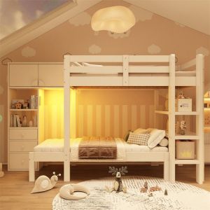 DRIPEX lit combiné enfant 90x200cm avec LED intelligenteLit superposé avec armoire hauteétagère et tiroirs de rangementBlanc