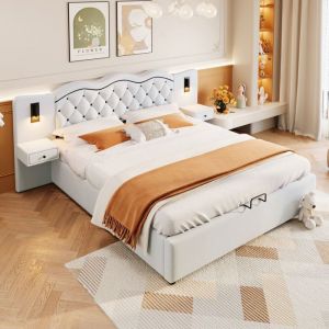 Lit coffre 180x200 M&eacute;canisme levage hydraulique Lit rembourr&eacute; T&ecirc;te lit monobloc port USB 2 lampes chevet beige