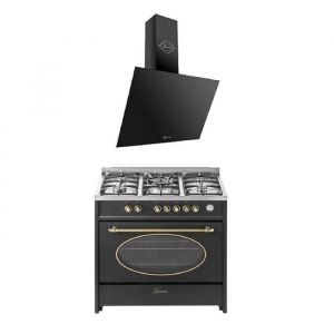 Cuisini&egrave;re &eacute;lectrique &agrave; gaz r&eacute;tro - GURARI - GCH E 914 BL - 8 fonctions - Hotte aspirante 90 cm - Noir r&eacute;tro