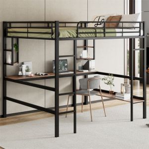 DRIPEX Lit Superpos&eacute; 140x200cm en fer avec bureau et &eacute;tag&egrave;res de rangementlit sur&eacute;lev&eacute; pour enfantsadolescentsadultesNoir