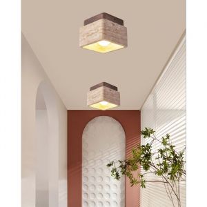 iDEGU 2x Plafonnier Vintage Carr&eacute; Lustre Abat-jour Travertin Jaune Naturel Lampe de Plafond Noyer Industriel pour Salon Chambre