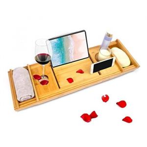 Set Accessoires Salle De Bain U7LEE Plateau de bain en bambou avec fente pour verre à vin et support de livre et tablette pour smart