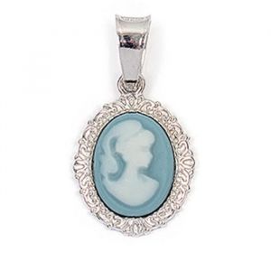 Pendentif argent Camee bleu argent&eacute; (rhodi&eacute;) - 15x12 mm [R3888]