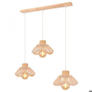 WOTTES 3 Lampes Suspension Luminaire en Bambou Tress&eacute;e &agrave; la Main Lustre Vintage Abat-jour en Rotin suspendue Boho Bois Avec Barre