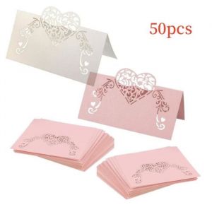 Marque place - Non sp&eacute;cifi&eacute; - C&oelig;ur creux - Papier nacr&eacute; - 50 pi&egrave;ces - Rose et blanc