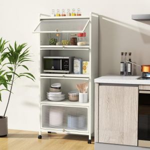 GIANTEX Buffet de Cuisine à 5 Étages- avec 4 Portes Escamotables+ 4 Roulettes- Meuble de Rangement pour Salon/Salle de Bain- Blanc
