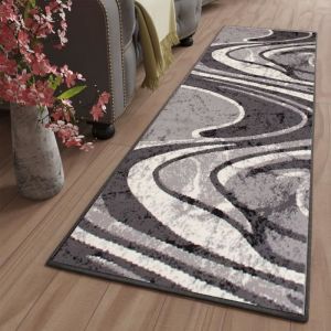 TAPISO Tapis Couloir Poil Court DREAM Gris Blanc Noir Ondes Polypropyl&egrave;ne Int&eacute;rieur 90x120 cm