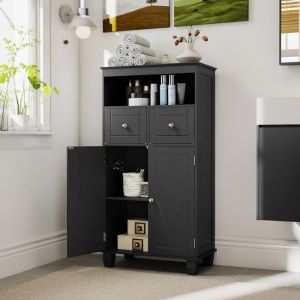 GIANTEX Armoire de Salle de Bain 2 Tiroirs &Eacute;tag&egrave;re R&eacute;glable Pieds en Bois de Pin Buffet de Cuisine 56x30x108cm Noir